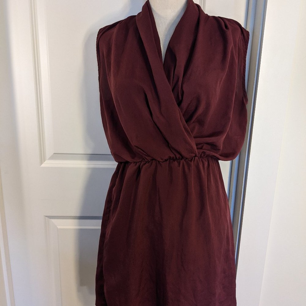 Aqua Stretchable Waist Wine Burgundy Drop Swoop V Dress